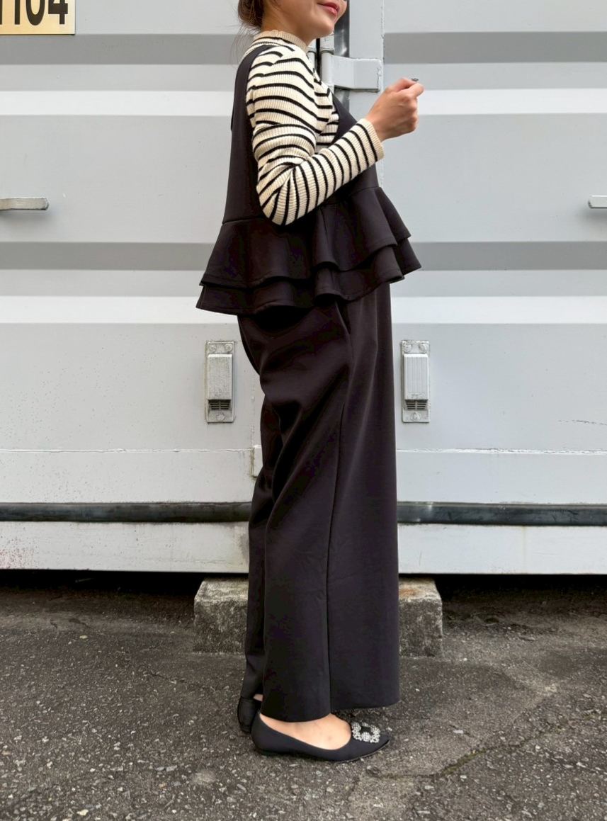 【驚くほど楽ちんでびっくりするほど体型カバー】 ウエストフリルストレッチサロペット(ma11-2508)