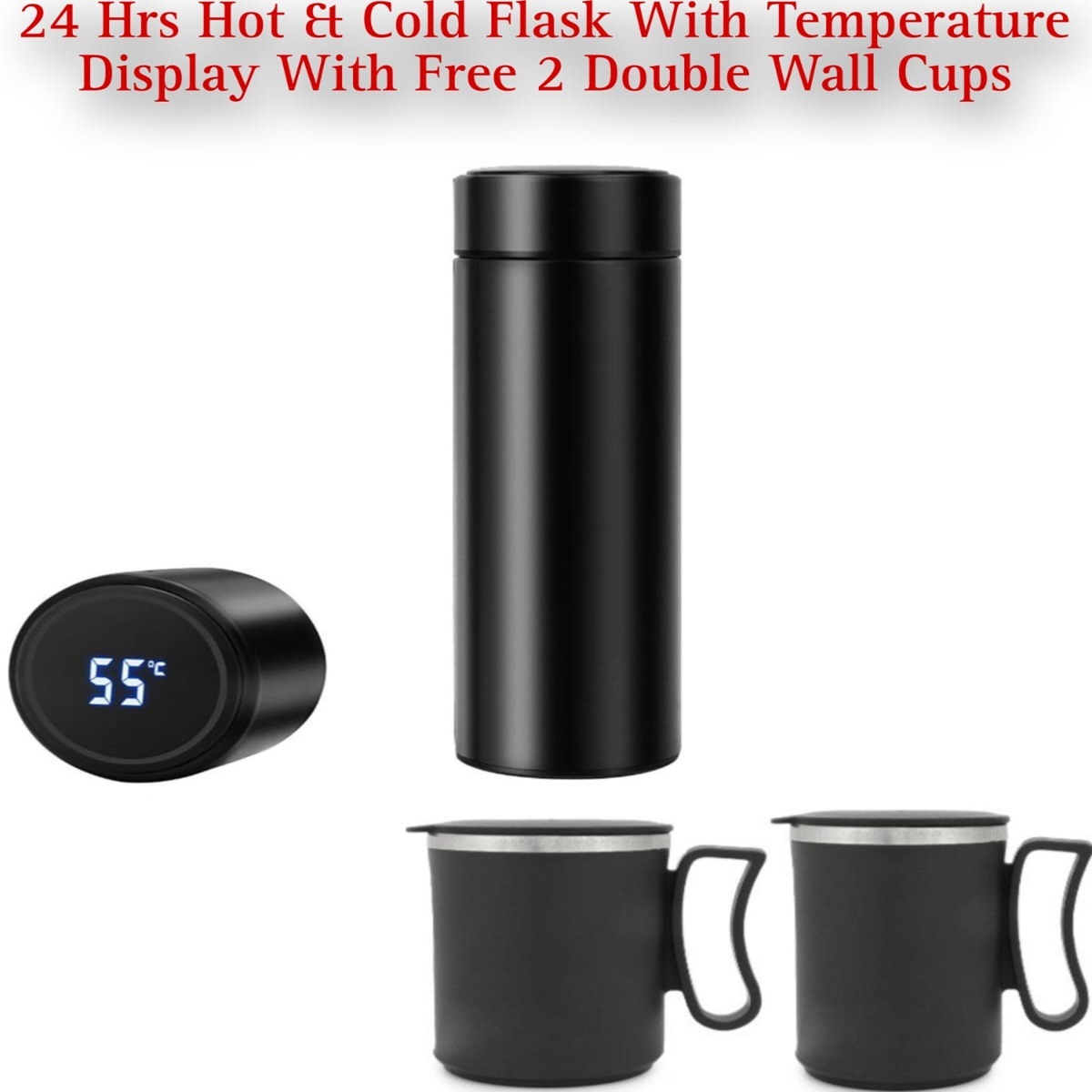 24 Hrs Hot & Cold Flask with Temperature Display With Free 2 Double Wall Cups @ Just Rs.699/-