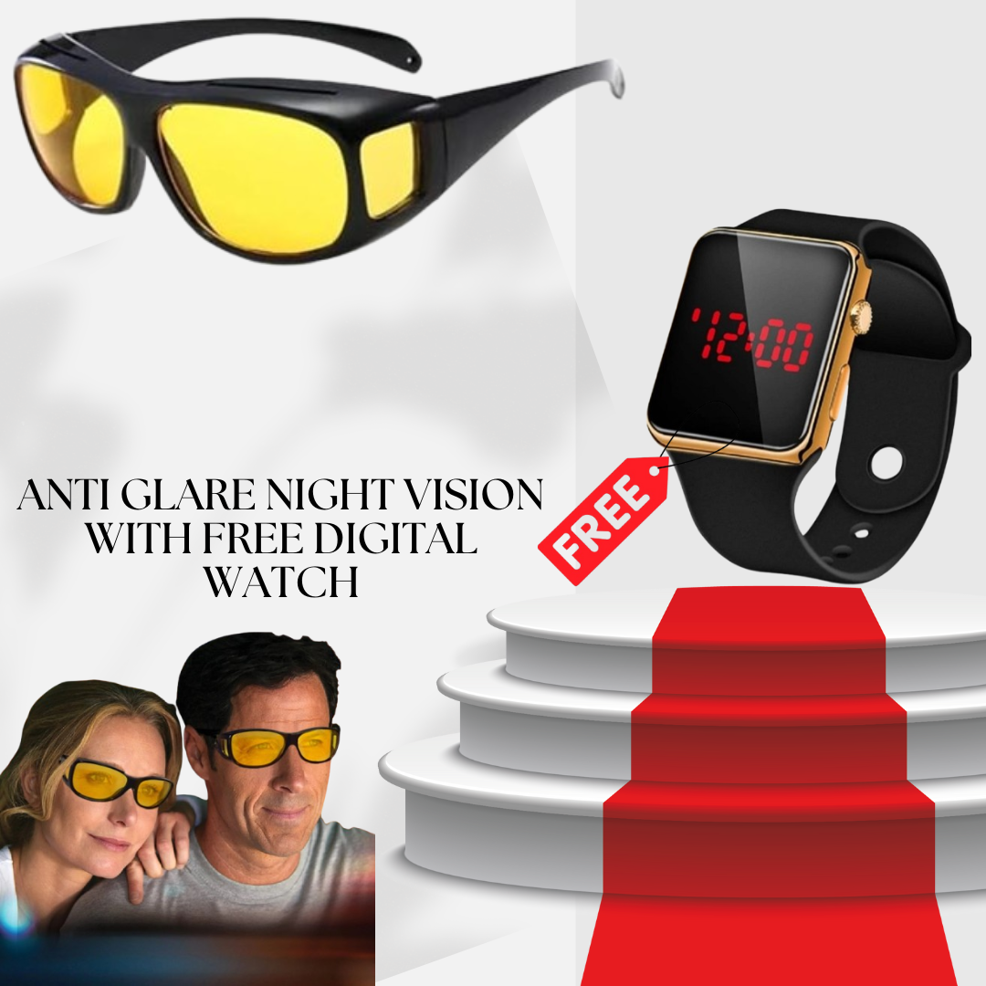 Anti Glare Night Vision Glasses With Free Digital Watch @ Just Rs.499/-