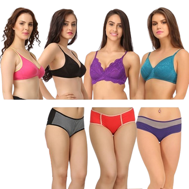  8 Pcs Set-Hipster 3 Panties, 4 Full Coverage Bras @ Just Rs.599/-  