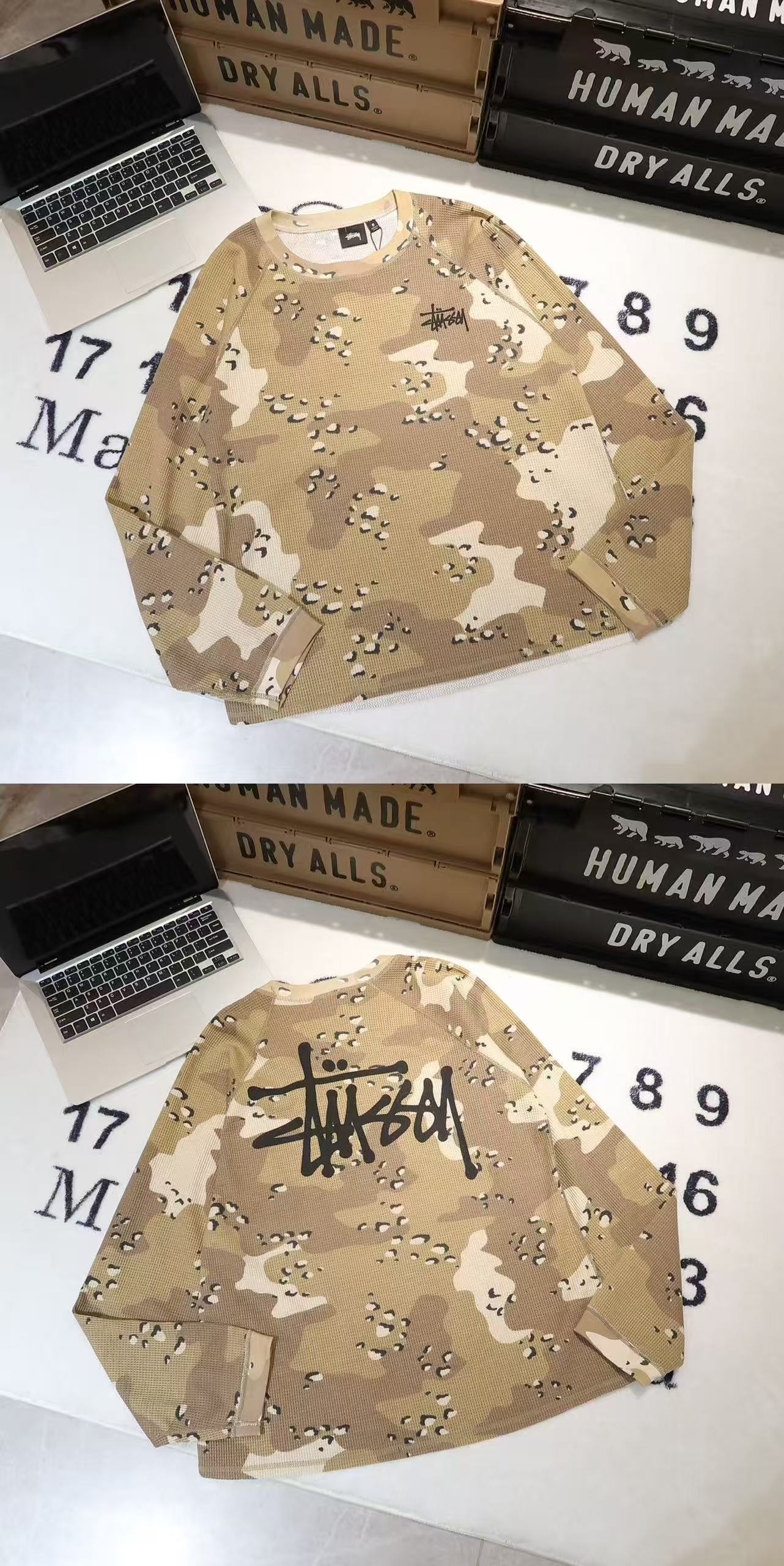 -Stussy FW24 RAGLAN THERMAL LS CREW 標誌徽標設計插肩袖 華夫格 長袖 衛衣 男女同款 情侶款