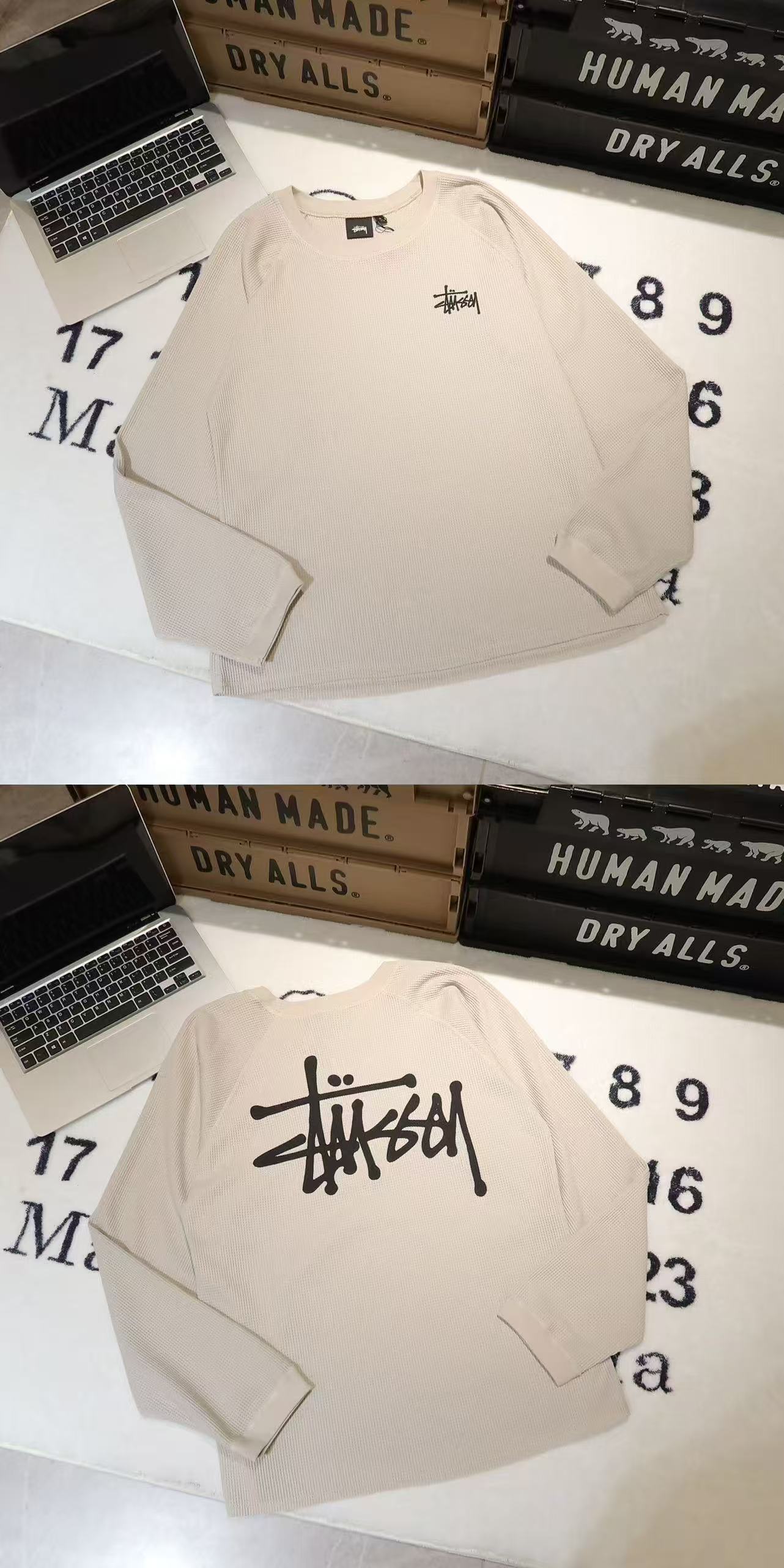 -Stussy FW24 RAGLAN THERMAL LS CREW 標誌徽標設計插肩袖 華夫格 長袖 衛衣 男女同款 情侶款