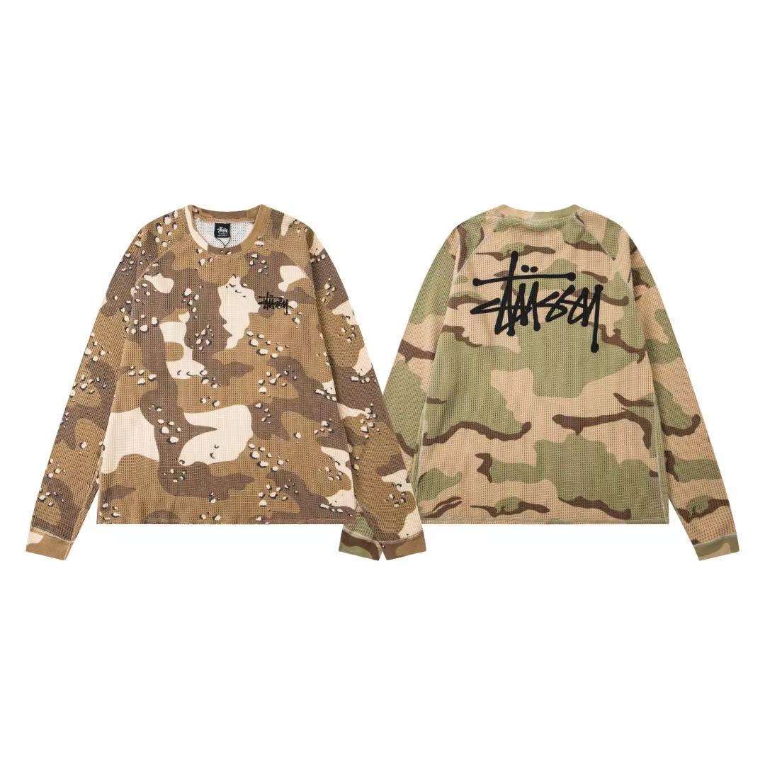 stussy 斯圖西 美式2025 秋季系列 logo徽標設計水洗插肩袖360克迷彩華夫格長袖復古T恤 男女同款