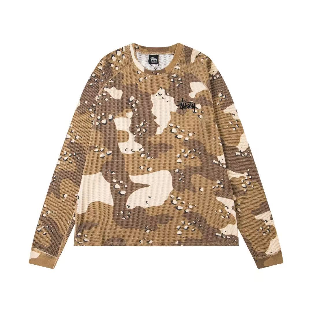 stussy 斯圖西 美式2025 秋季系列 logo徽標設計水洗插肩袖360克迷彩華夫格長袖復古T恤 男女同款