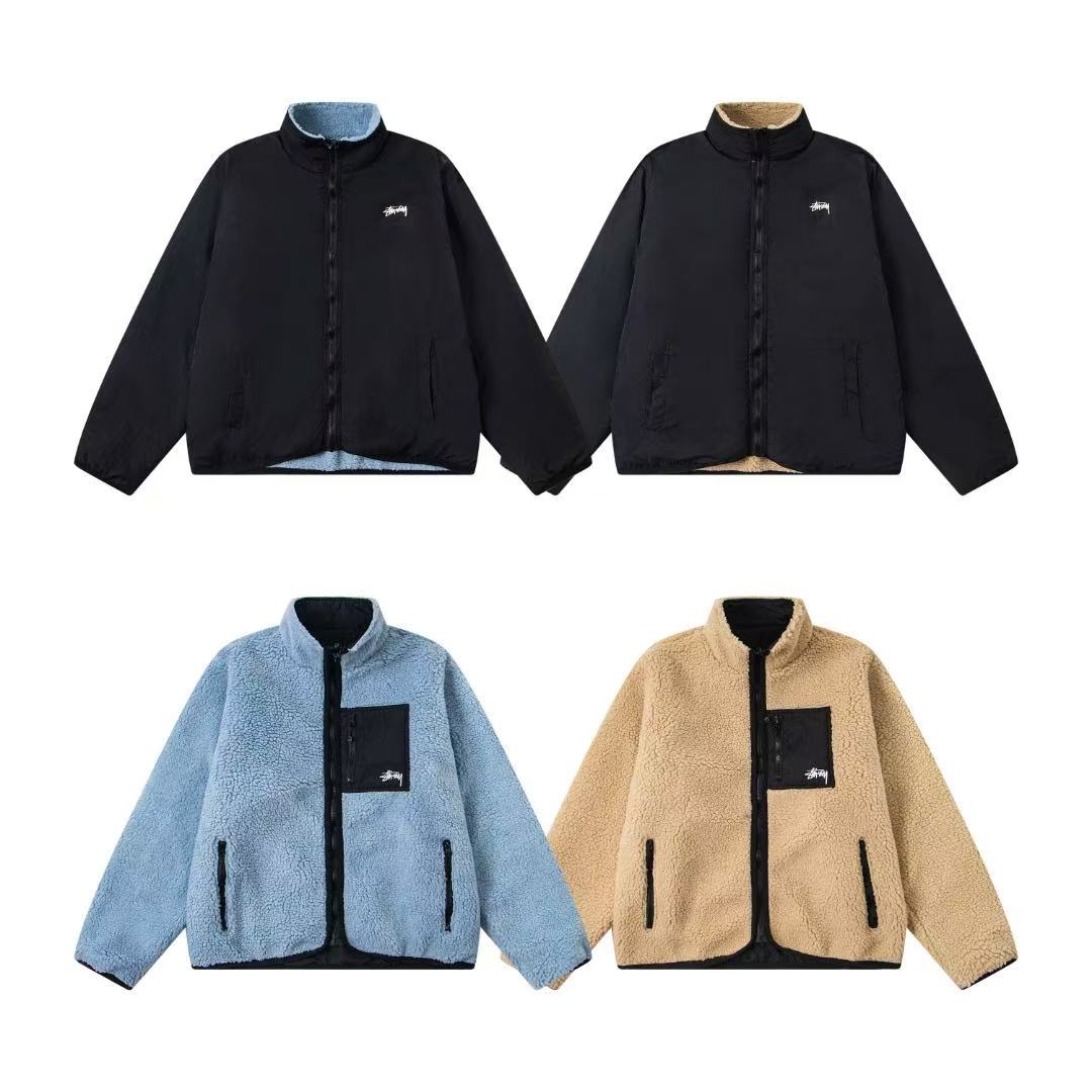 stussy 斯图西 FW24 SHERPA 可翻轉夾克 雙面穿貼袋拉鍊立領美式復古夾克外套 男女同款