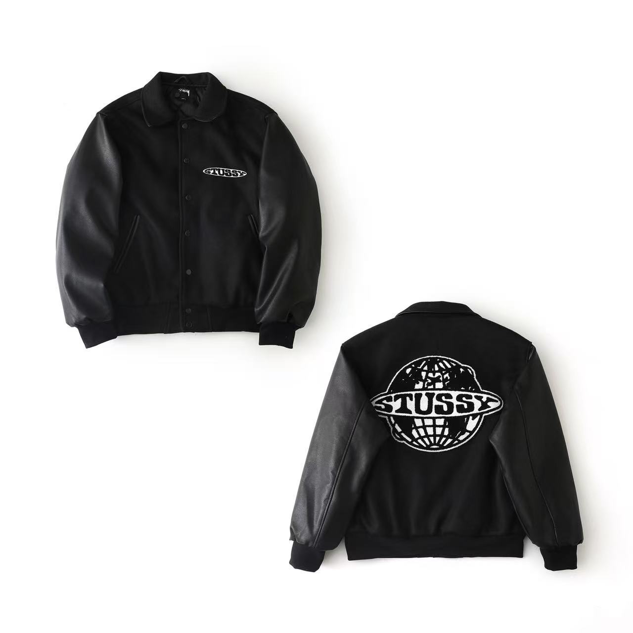 Stussy 斯圖西 FW25 GLOBE VARSITY JACKET 徽標刺繡植絨雪尼爾圖案皮質夾克外套 男女同款