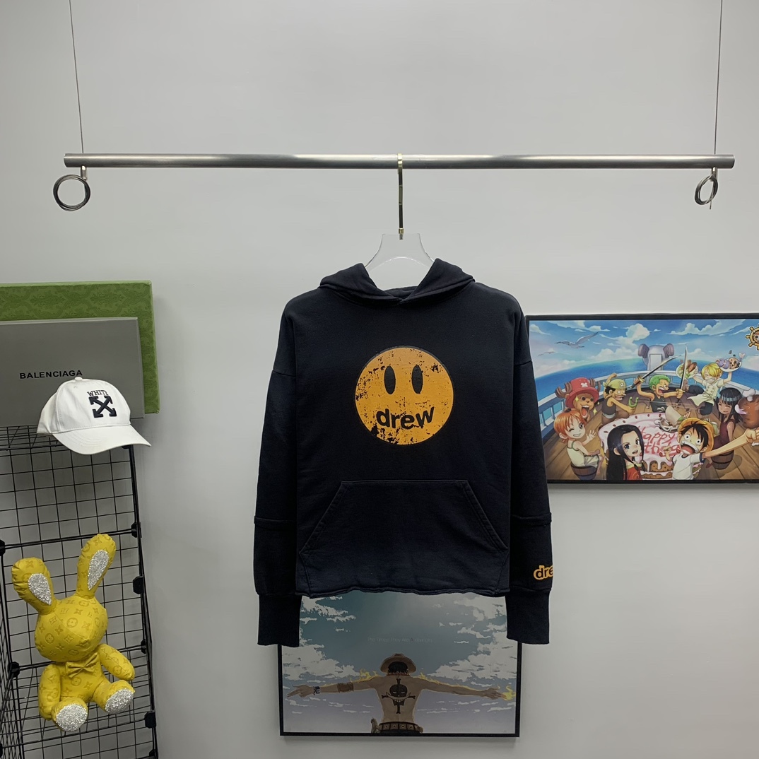 Drew House 胸前裂紋笑臉漸變水洗做舊破壞重磅高街情侶連帽衛衣小紅書ins爆款