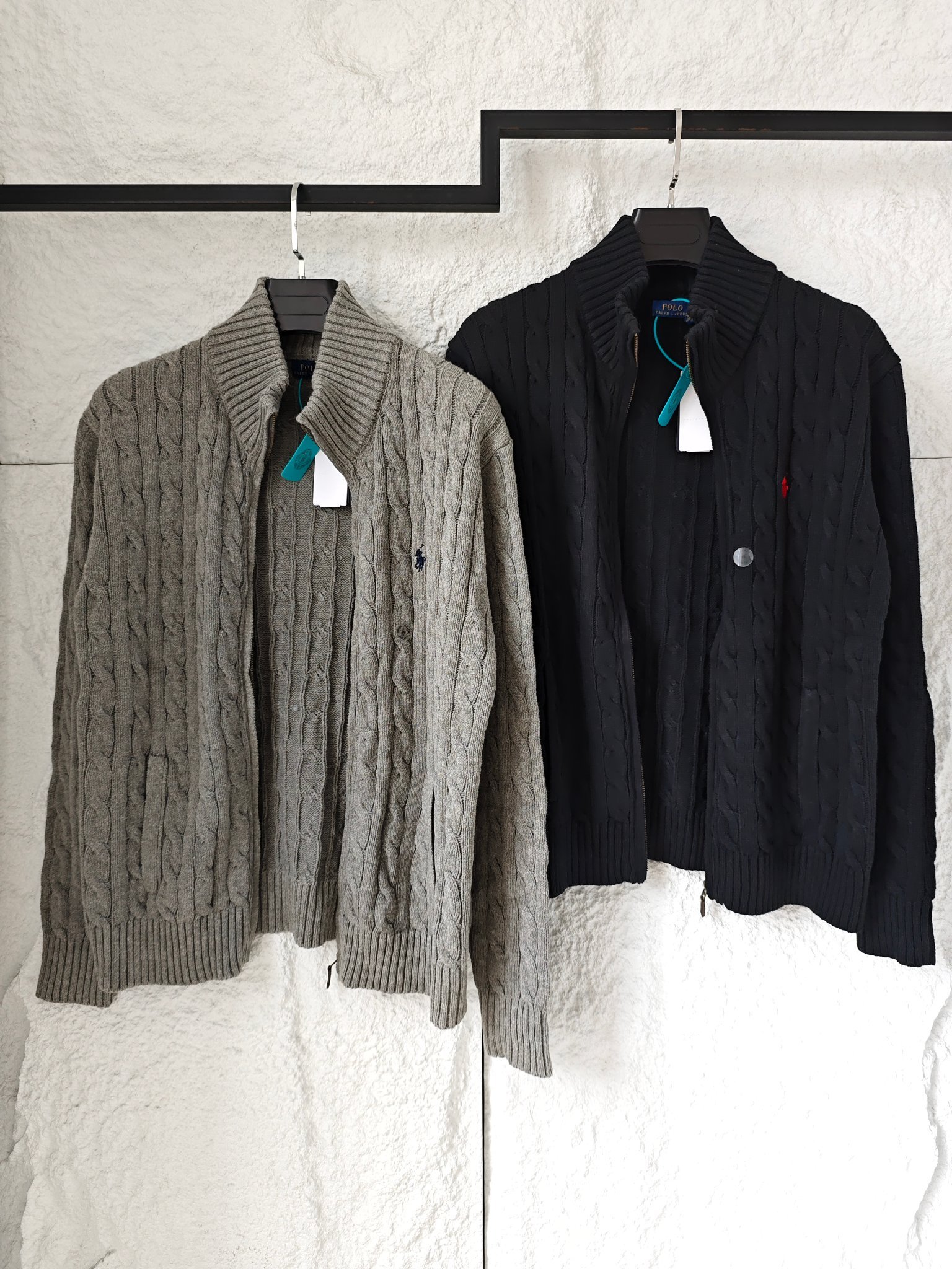 Ralph Lauren 高領立領徽標刺繡全拉鍊長袖麻花針織毛衣外套