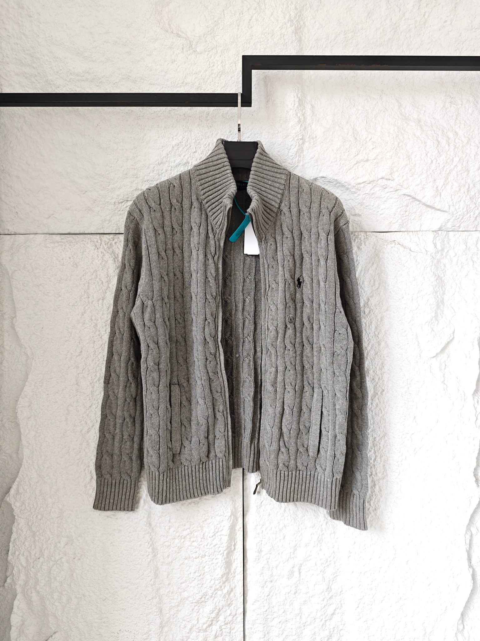 Ralph Lauren 高領立領徽標刺繡全拉鍊長袖麻花針織毛衣外套