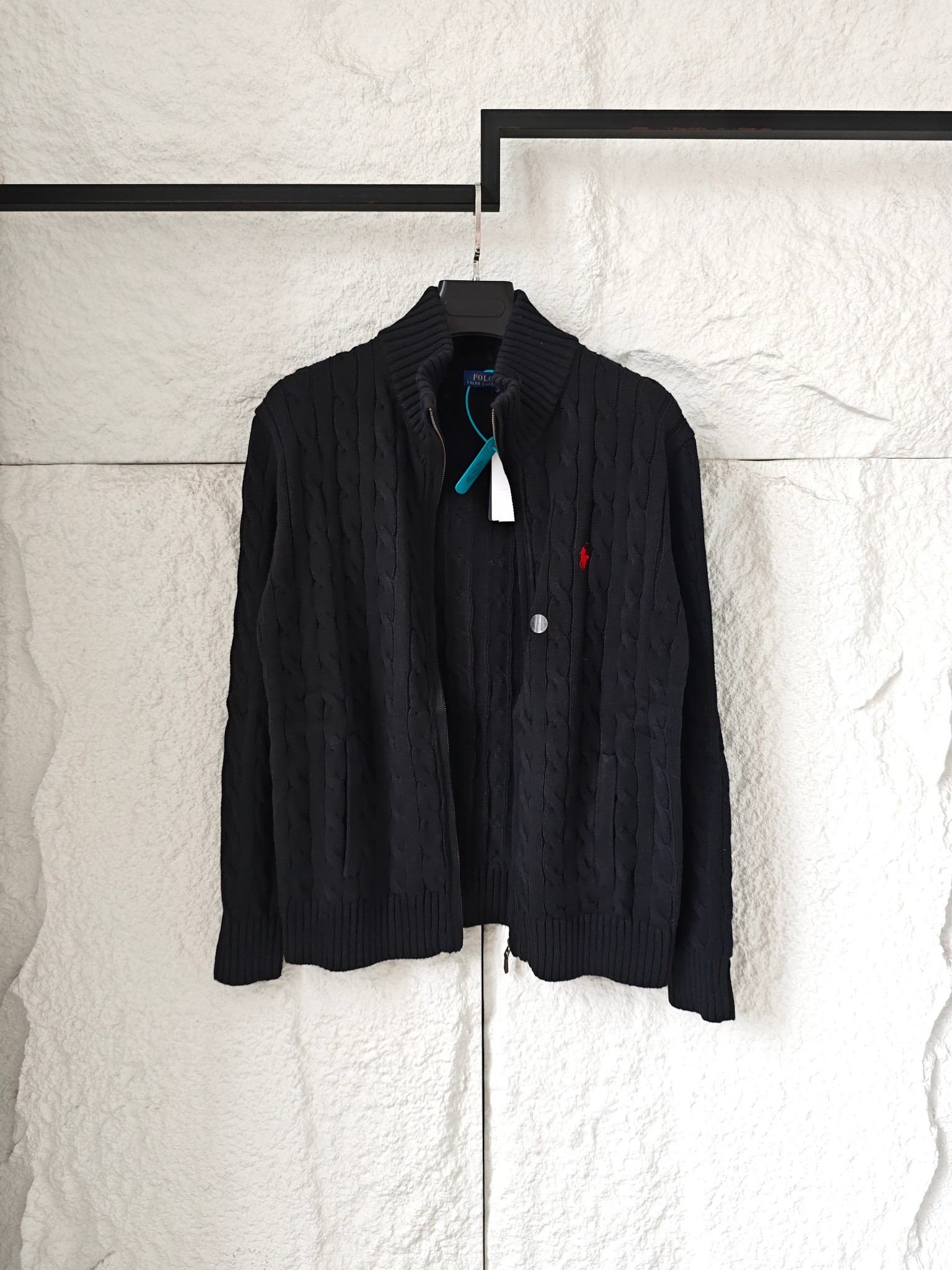 Ralph Lauren 高領立領徽標刺繡全拉鍊長袖麻花針織毛衣外套