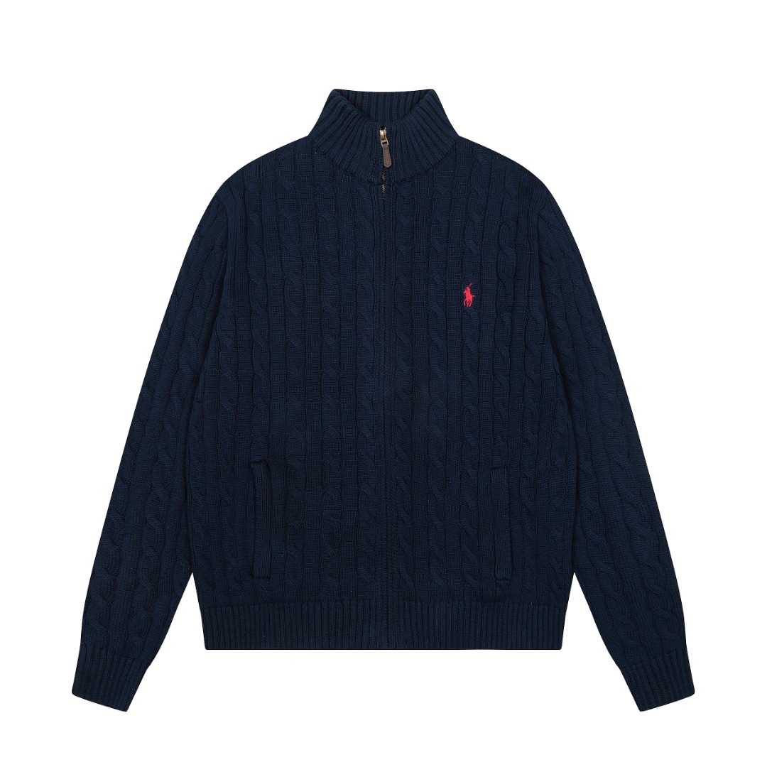 拉夫勞倫Ralph Lauren全拉鍊純色小馬刺繡logo麻花針織毛衣