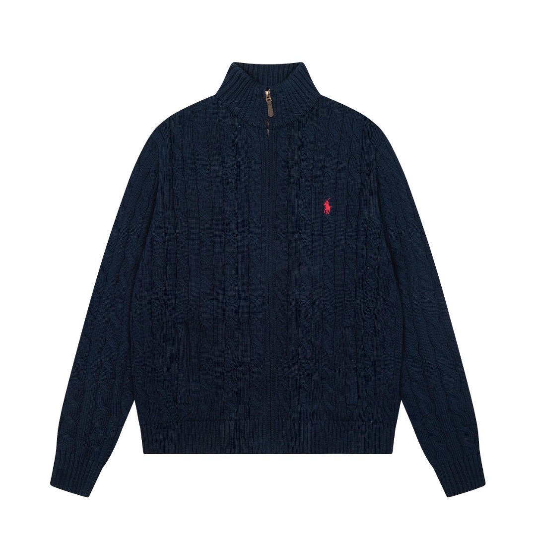 拉夫勞倫Ralph Lauren全拉鍊純色小馬刺繡logo麻花針織毛衣