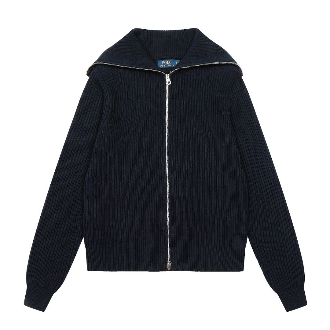 Ralph Lauren大翻領純色基礎全拉鍊女神款針織開衫