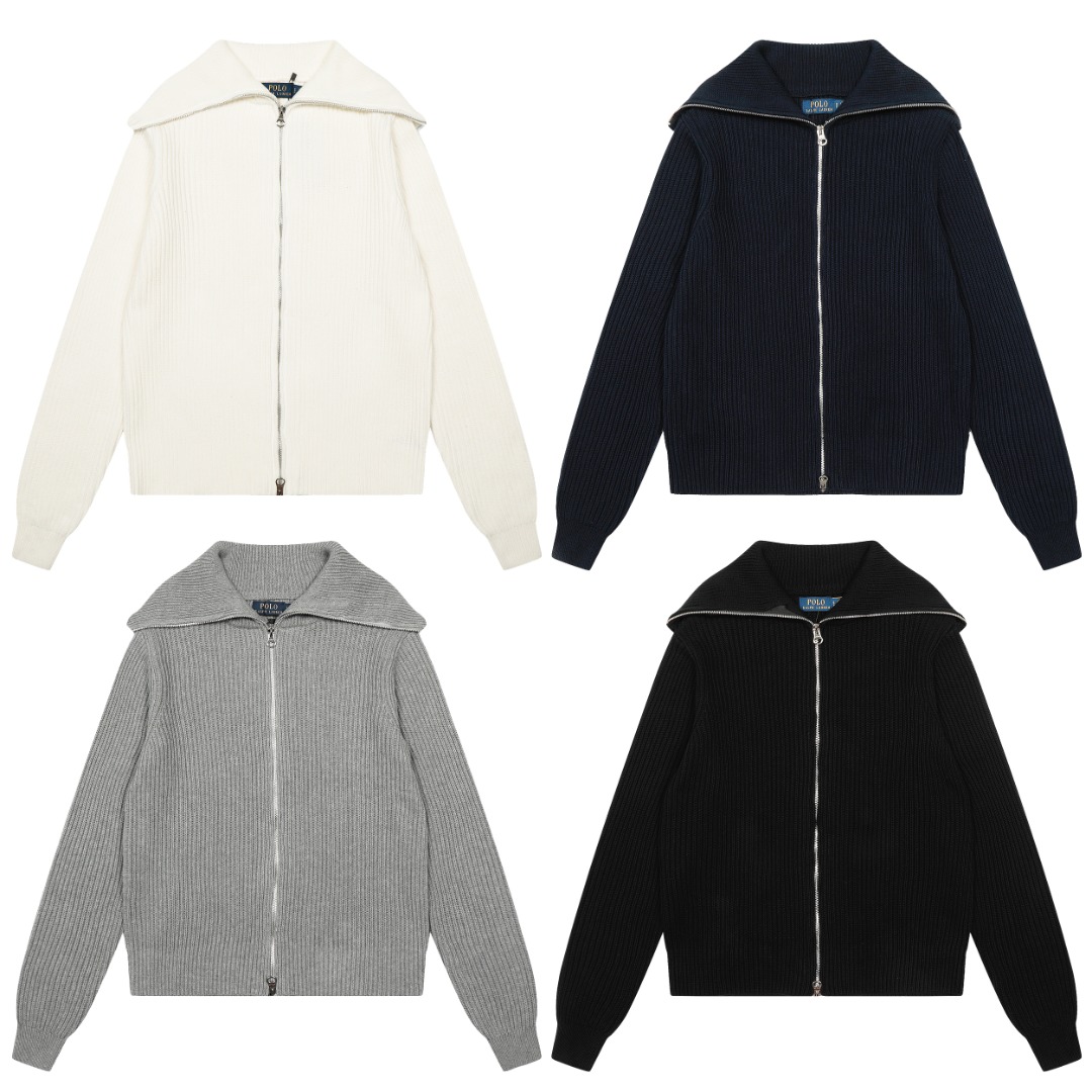 Ralph Lauren大翻領純色基礎全拉鍊女神款針織開衫