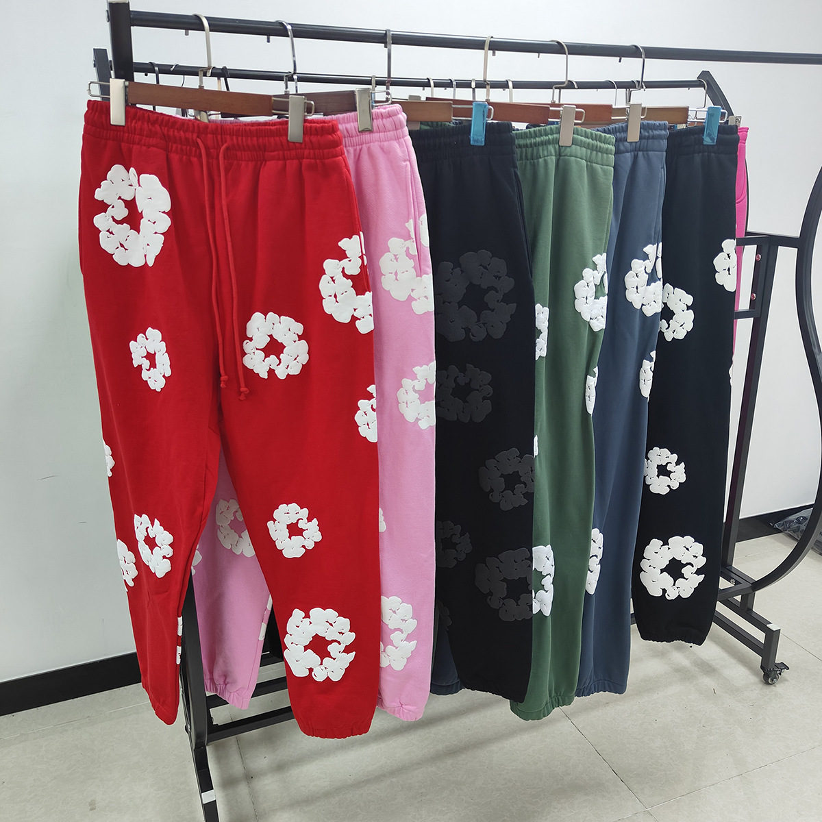 歐美潮牌跨境DENIM TEARS木棉花發泡設計印花長褲男女秋冬運動褲