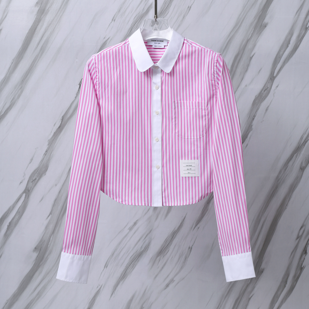 THOM BROWNE · TB新款絲綢條紋粉色女裝長袖襯衫露臍短款