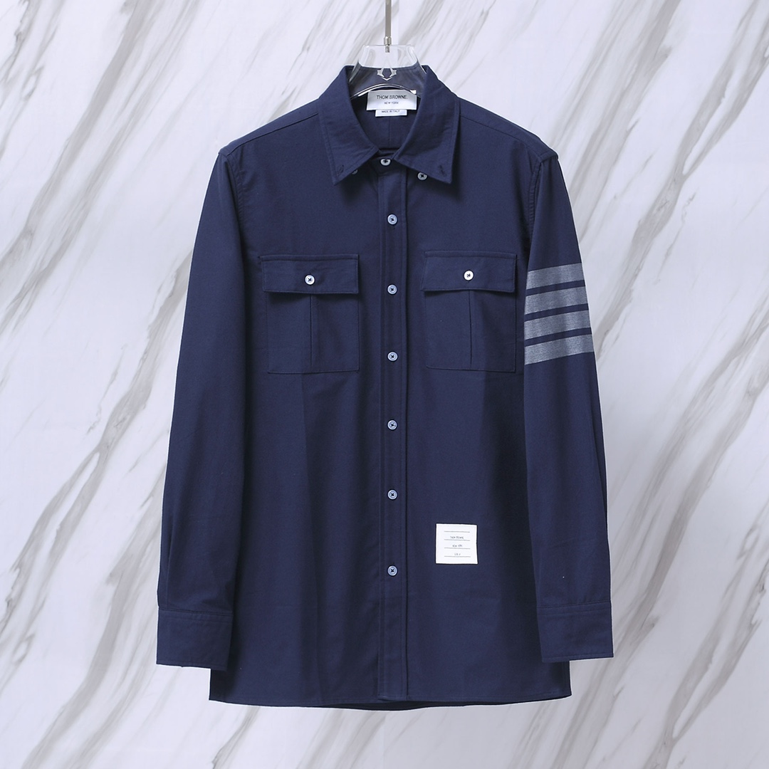 THOM BROWNE TB襯衫經典工裝法蘭絨色織四條杠磨毛雙袋襯衫