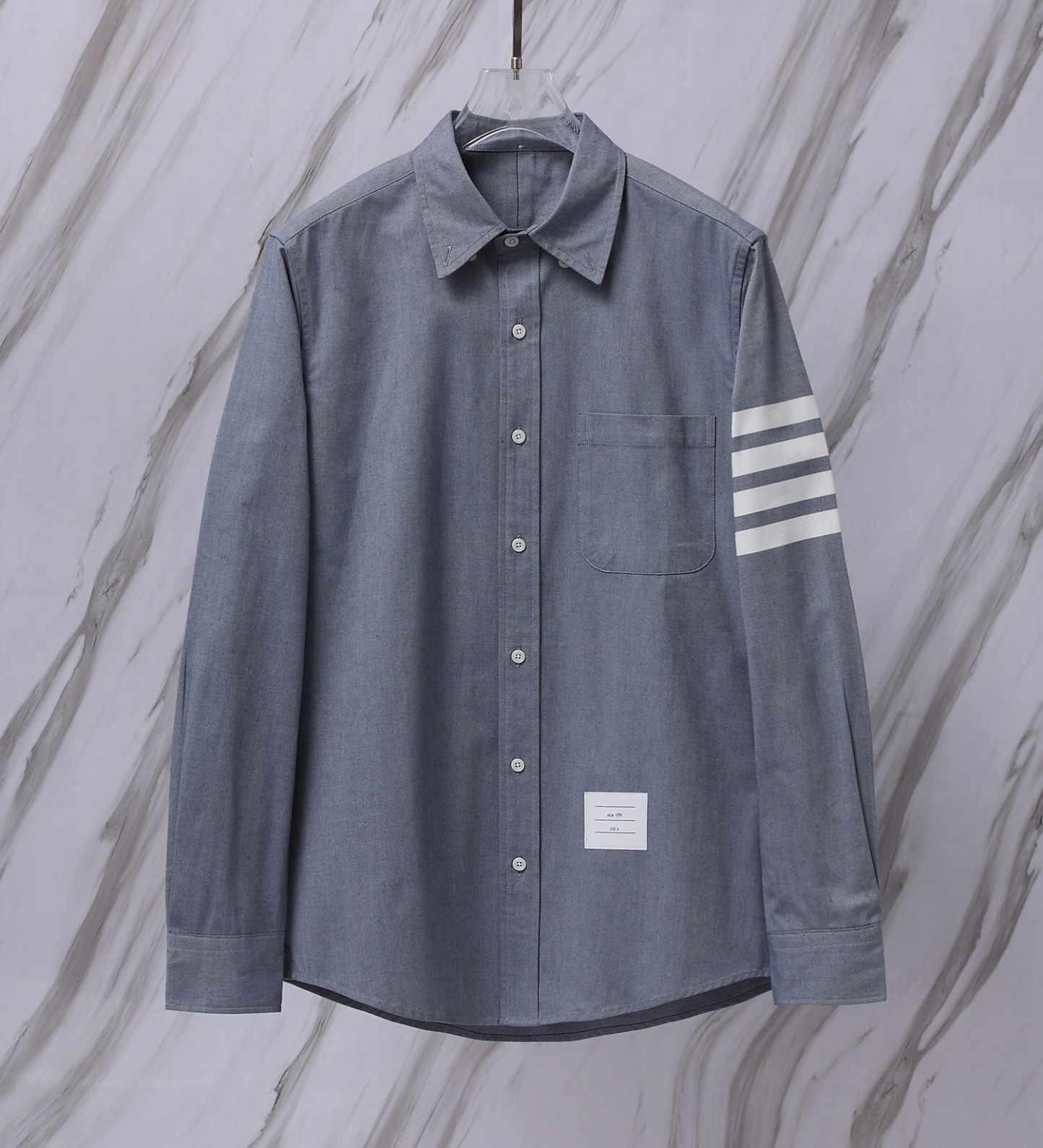 THOM BROWNE .TB經典色織法蘭絨色織高密細紋長袖襯衫