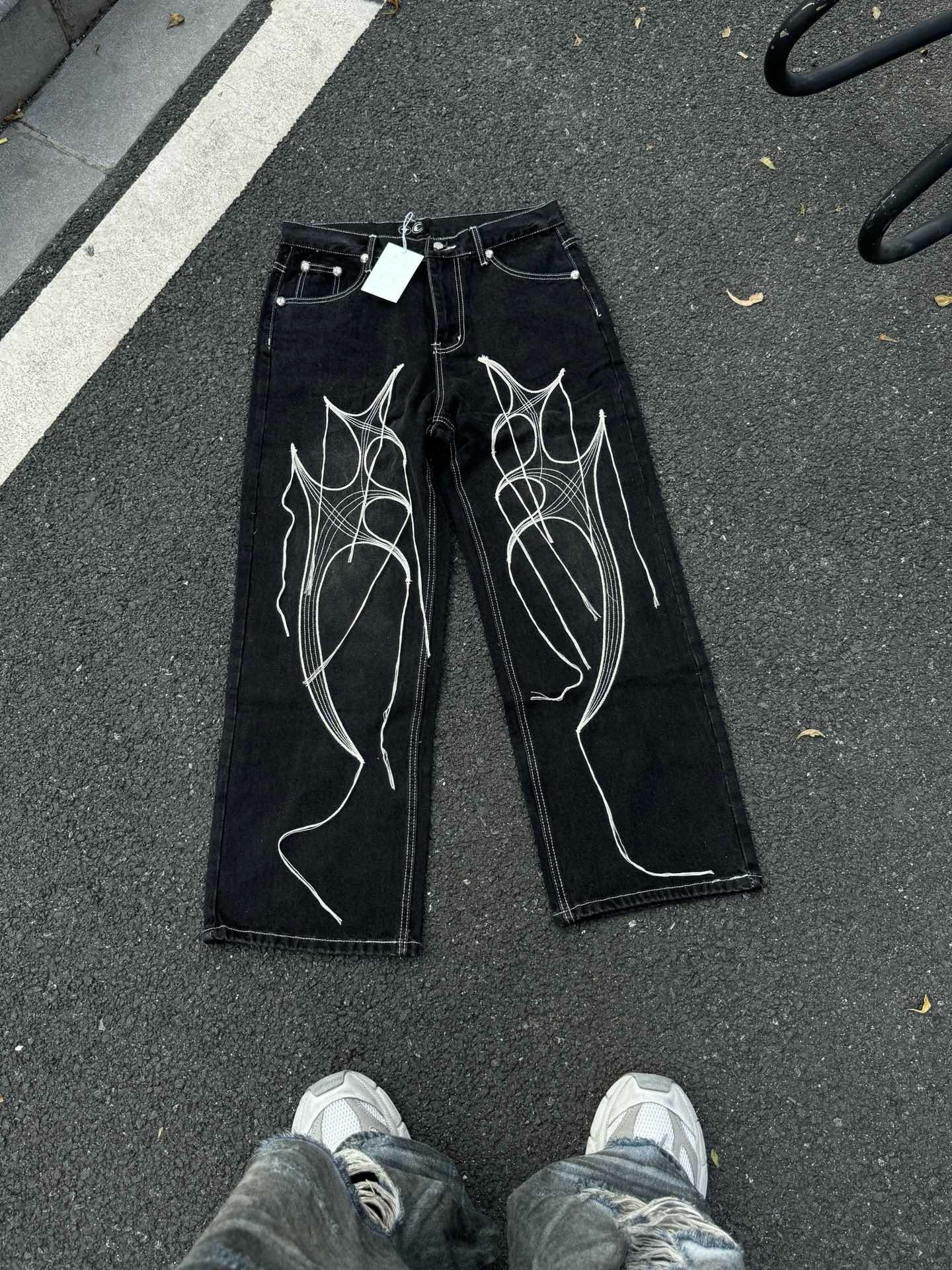 Thug Club24FW朴宰范同款部落樹鬍子線刺繡中腰寬鬆牛仔褲