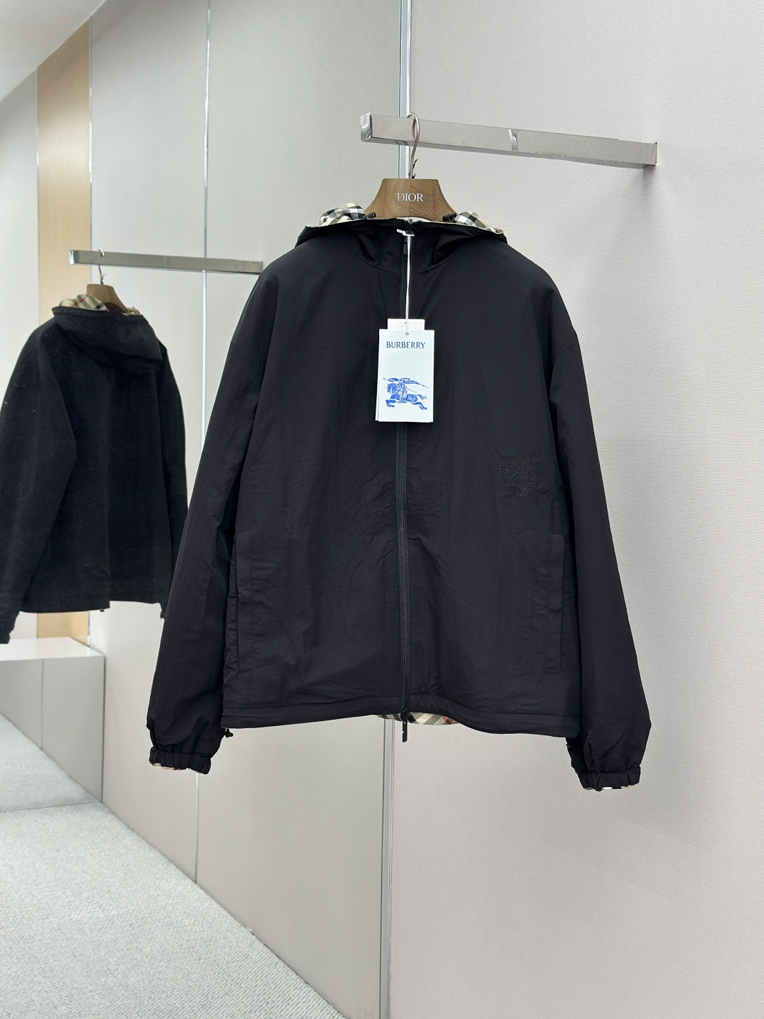 BURBERRY藍色斜格紋飾刺繡雙面穿夾克