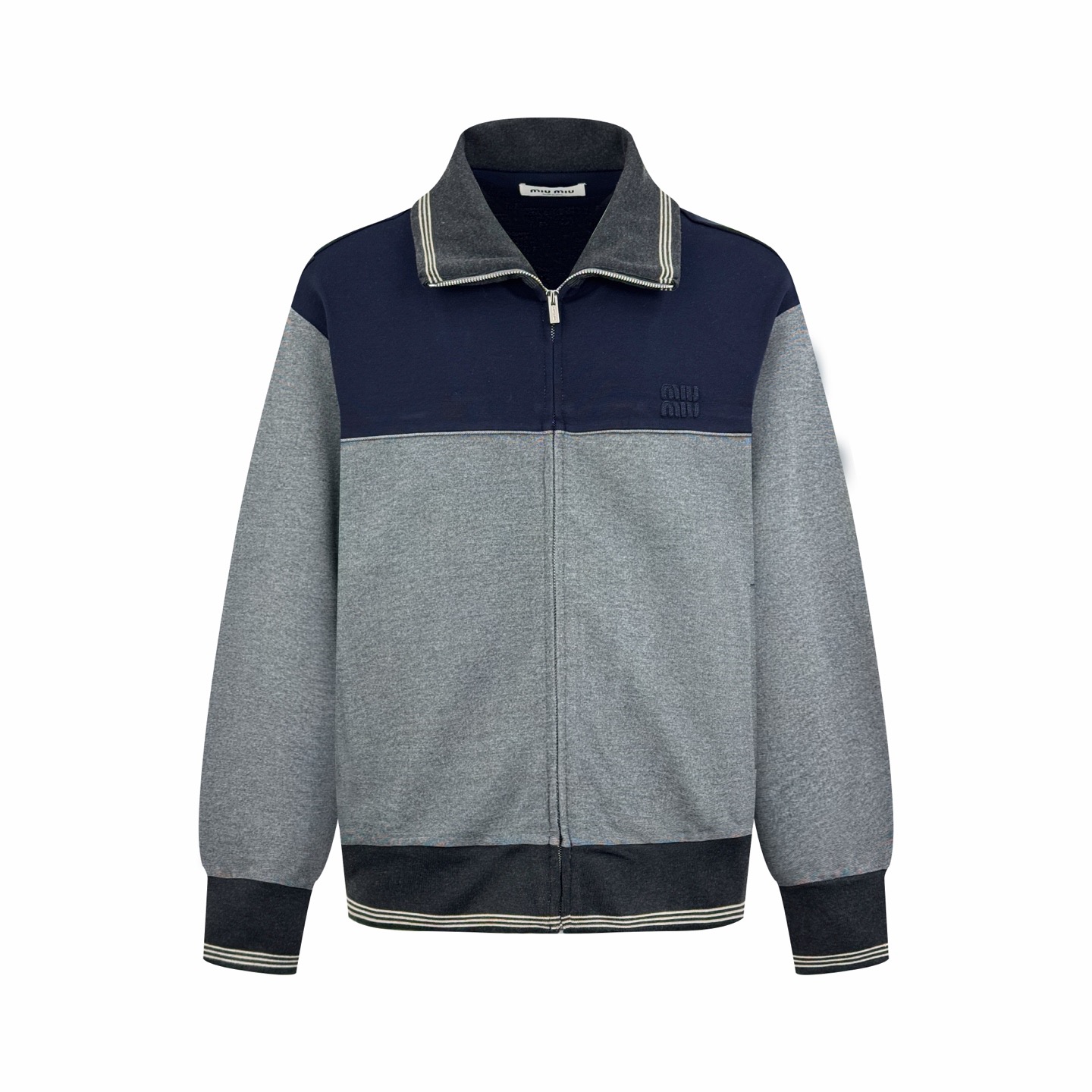 MiuMiu 徽標刺繡撞色翻領拉鍊外套（灰色）