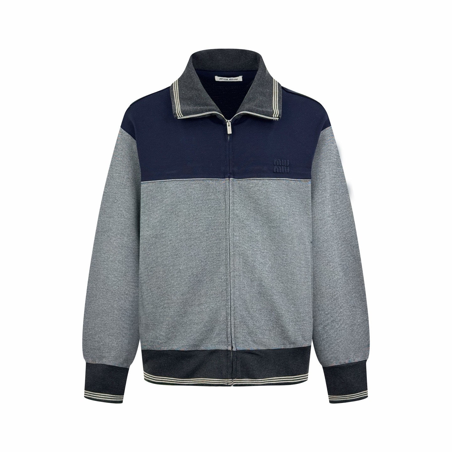 MiuMiu 徽標刺繡撞色翻領拉鍊外套（灰色）