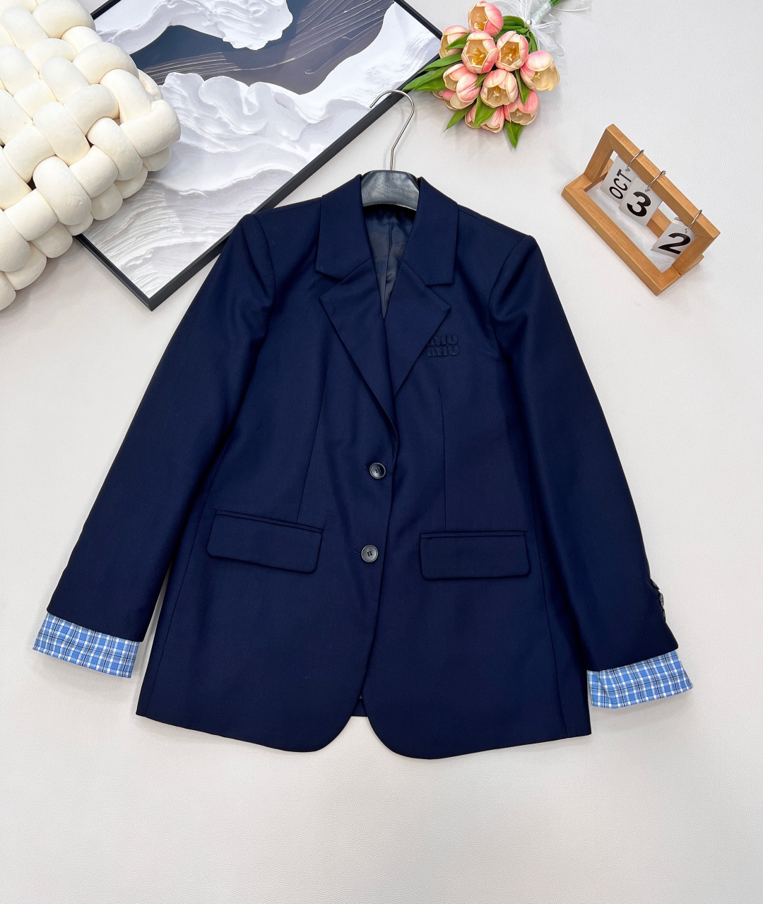 Miumiu新款假兩件寬鬆羊毛西裝外套