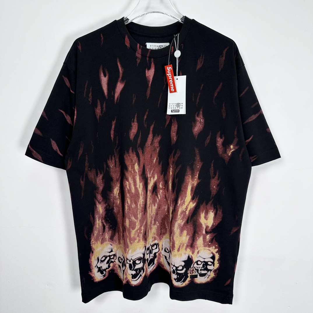 Supreme x MM6 联名款Maison Margiela Liquid Blue 马吉拉火焰骷髅TEE 黑色