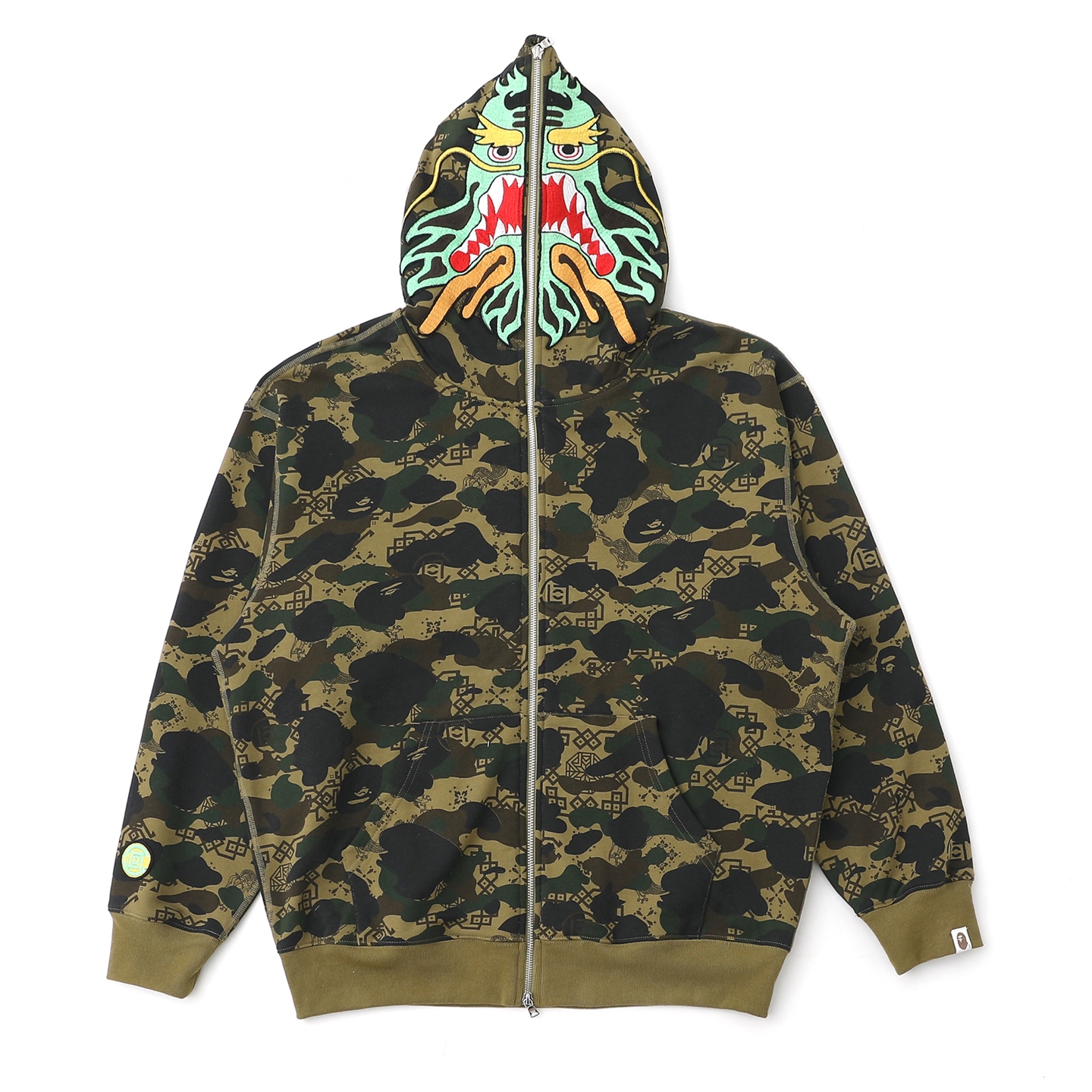  BAPE X CLOT 联名款 SS25 迷彩满印连帽Logo万针刺绣 鲨鱼卫衣    
