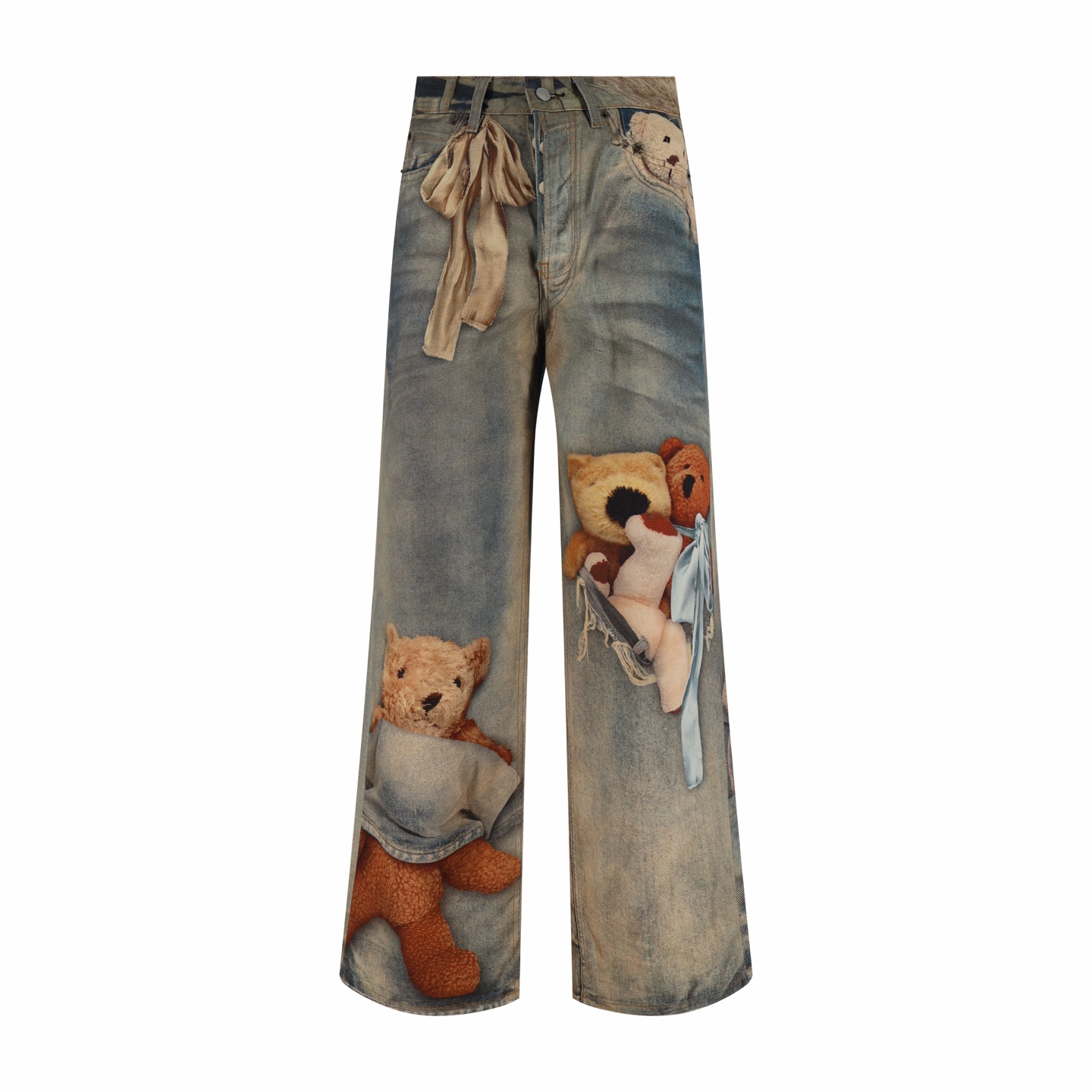 Acne Studios 1981泰迪熊小熊3D印花阔腿牛仔裤