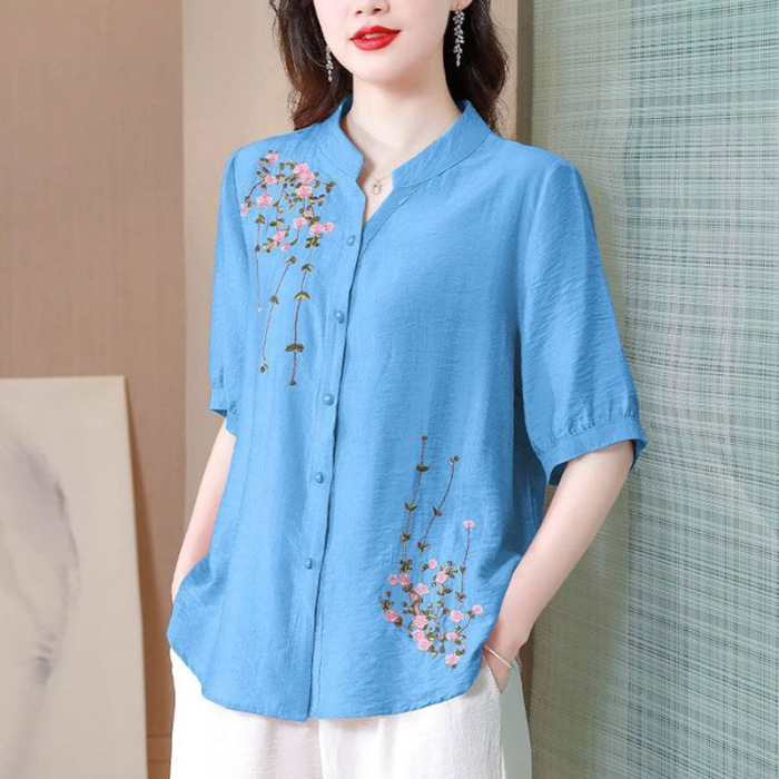 【Light and breathable】 versatile and stylish embroidered cotton-linen shirt