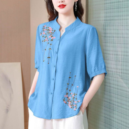 【Light and breathable】 versatile and stylish embroidered cotton-linen shirt