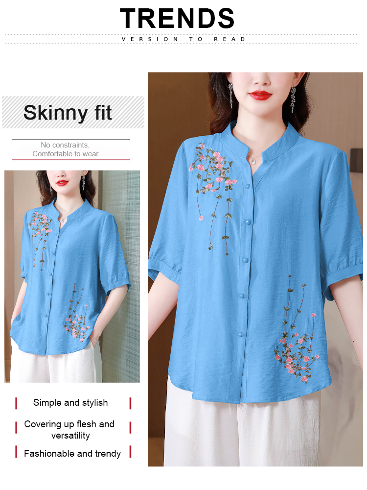 【Light and breathable】 versatile and stylish embroidered cotton-linen shirt