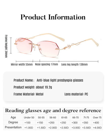 【 Beauty artifact 】 Elegant trimmed rimless reading glasses