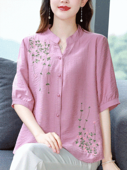 【Light and breathable】 versatile and stylish embroidered cotton-linen shirt