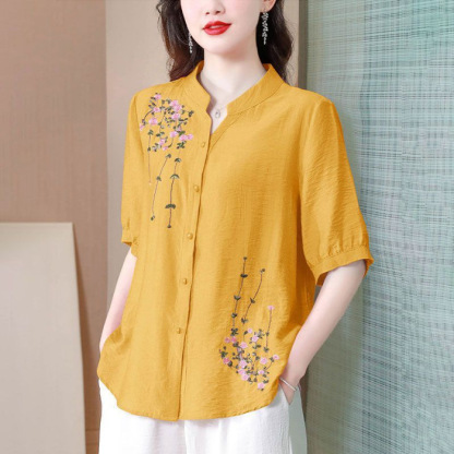 【Light and breathable】 versatile and stylish embroidered cotton-linen shirt
