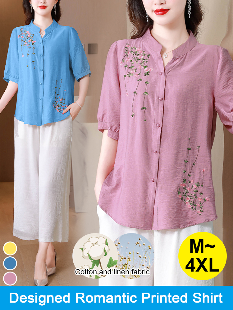 【Light and breathable】 versatile and stylish embroidered cotton-linen shirt