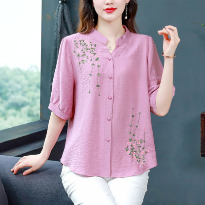 【Light and breathable】 versatile and stylish embroidered cotton-linen shirt