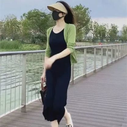 Ice silk cardigan + undershirt dress set