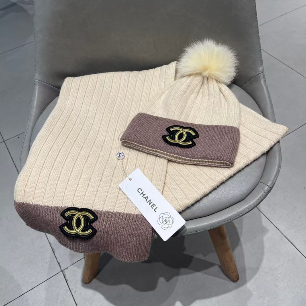 CHANE1 ファーボールウールハット+スカーフ2点セット【50％割引+送料無料】
