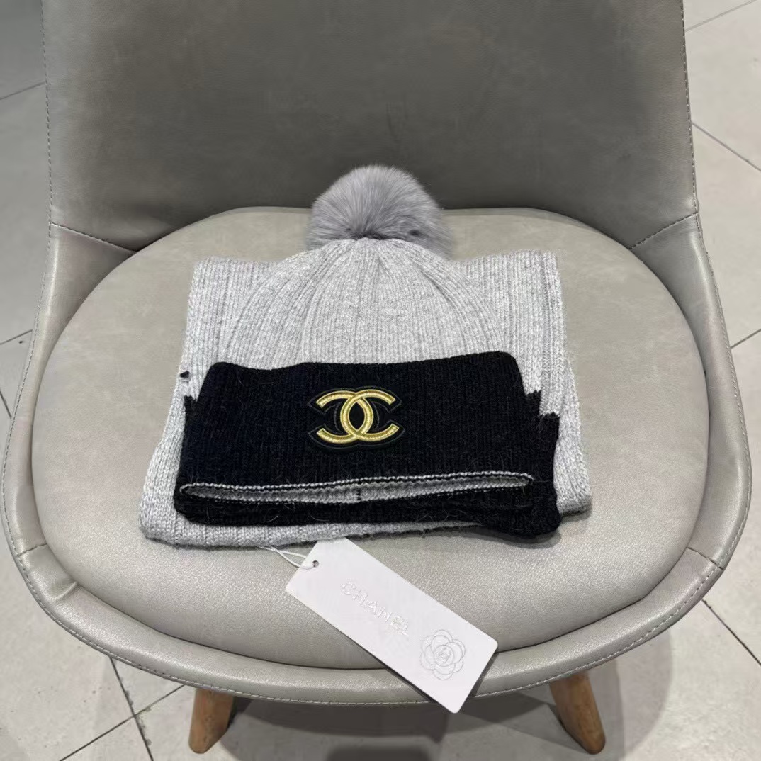 CHANE1 ファーボールウールハット+スカーフ2点セット【50％割引+送料無料】