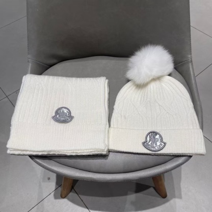 MONCLER ファーボールウール帽子+スカーフ2点セット【50％割引+送料無料】