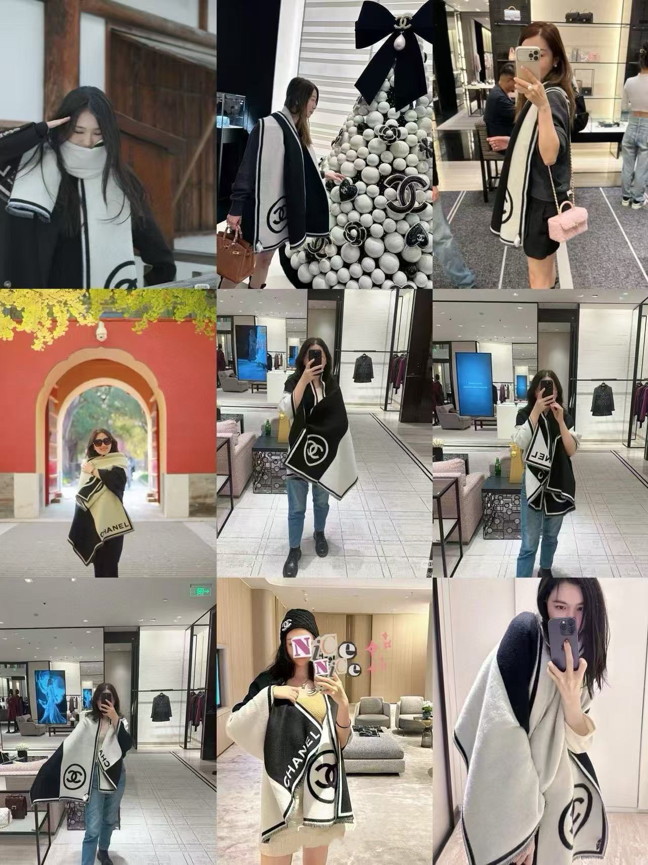 CHANE1 高品質黒と白の配色カシミヤ スカーフ【50％割引+送料無料】