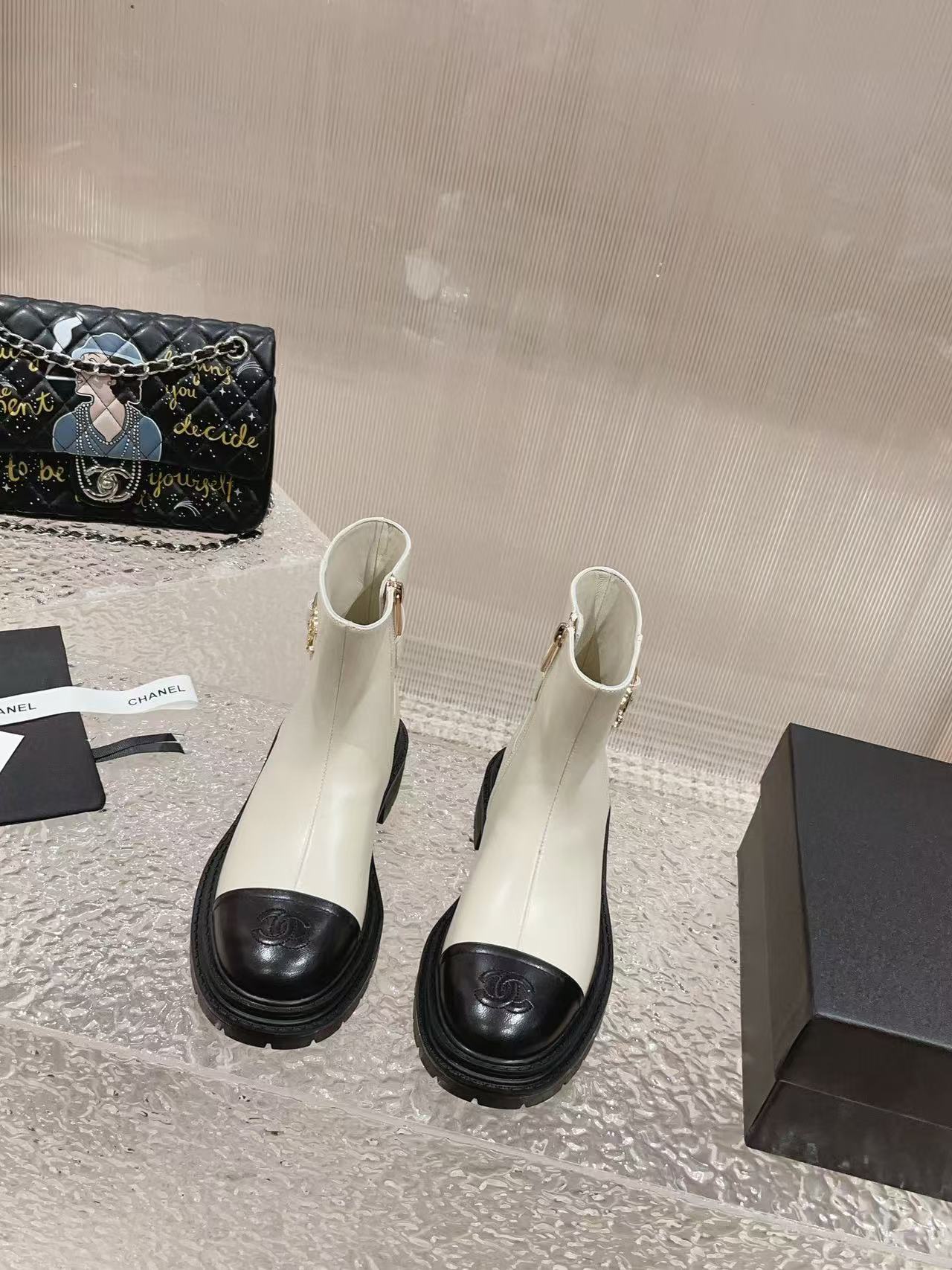 CHANE1 上質ジッパーカラーブロックシープスキンショートブーツ【50％割引+送料無料】