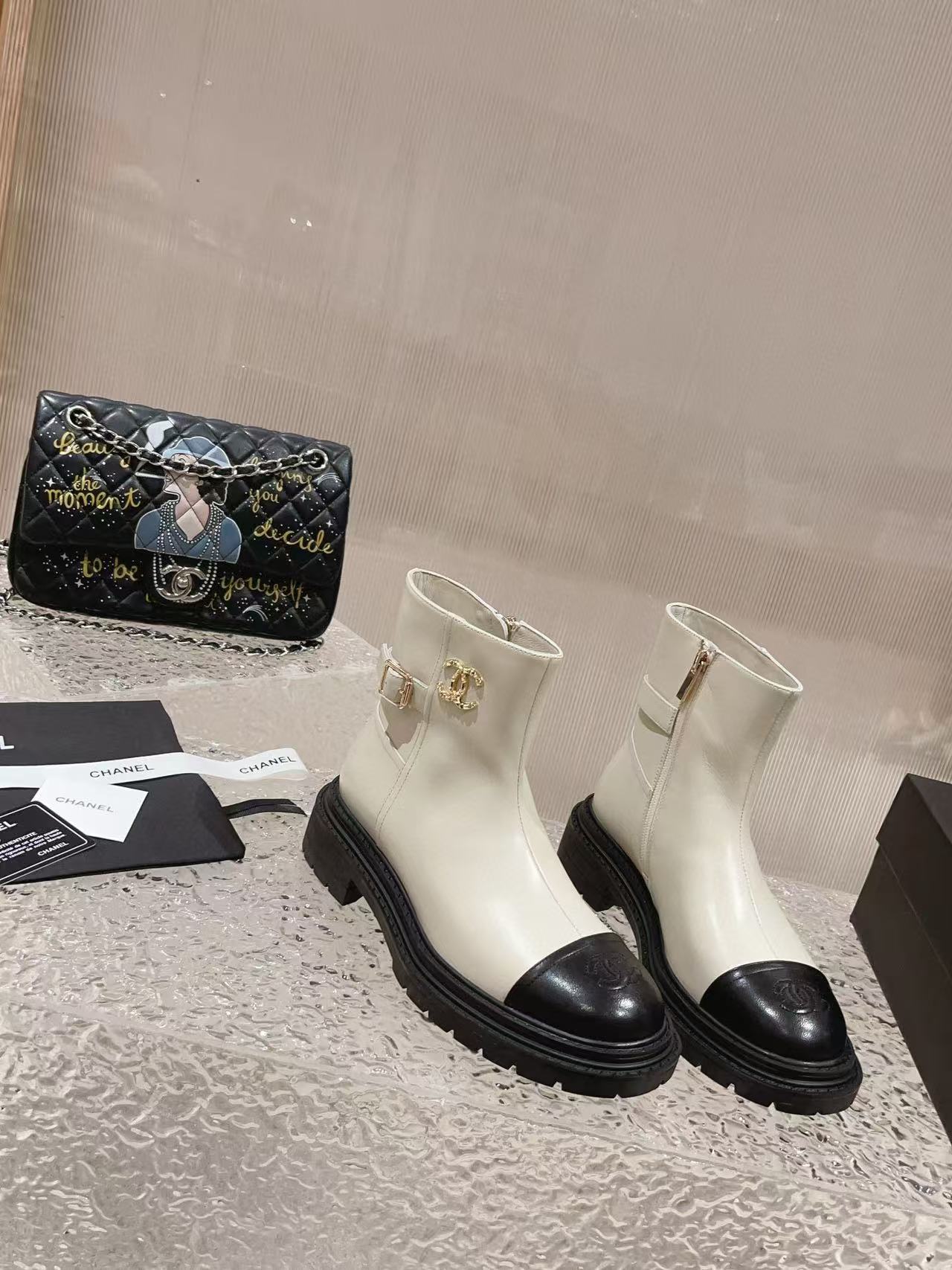 CHANE1 上質ジッパーカラーブロックシープスキンショートブーツ【50％割引+送料無料】