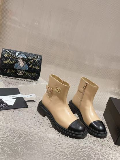 CHANE1 上質ジッパーカラーブロックシープスキンショートブーツ【50％割引+送料無料】