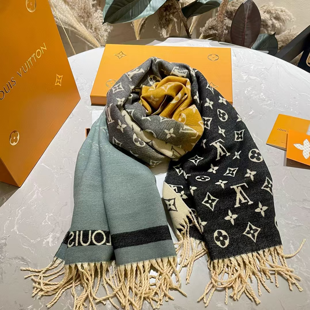 LV カラーブロック カシミア フリンジ スカーフ【50％割引+送料無料】