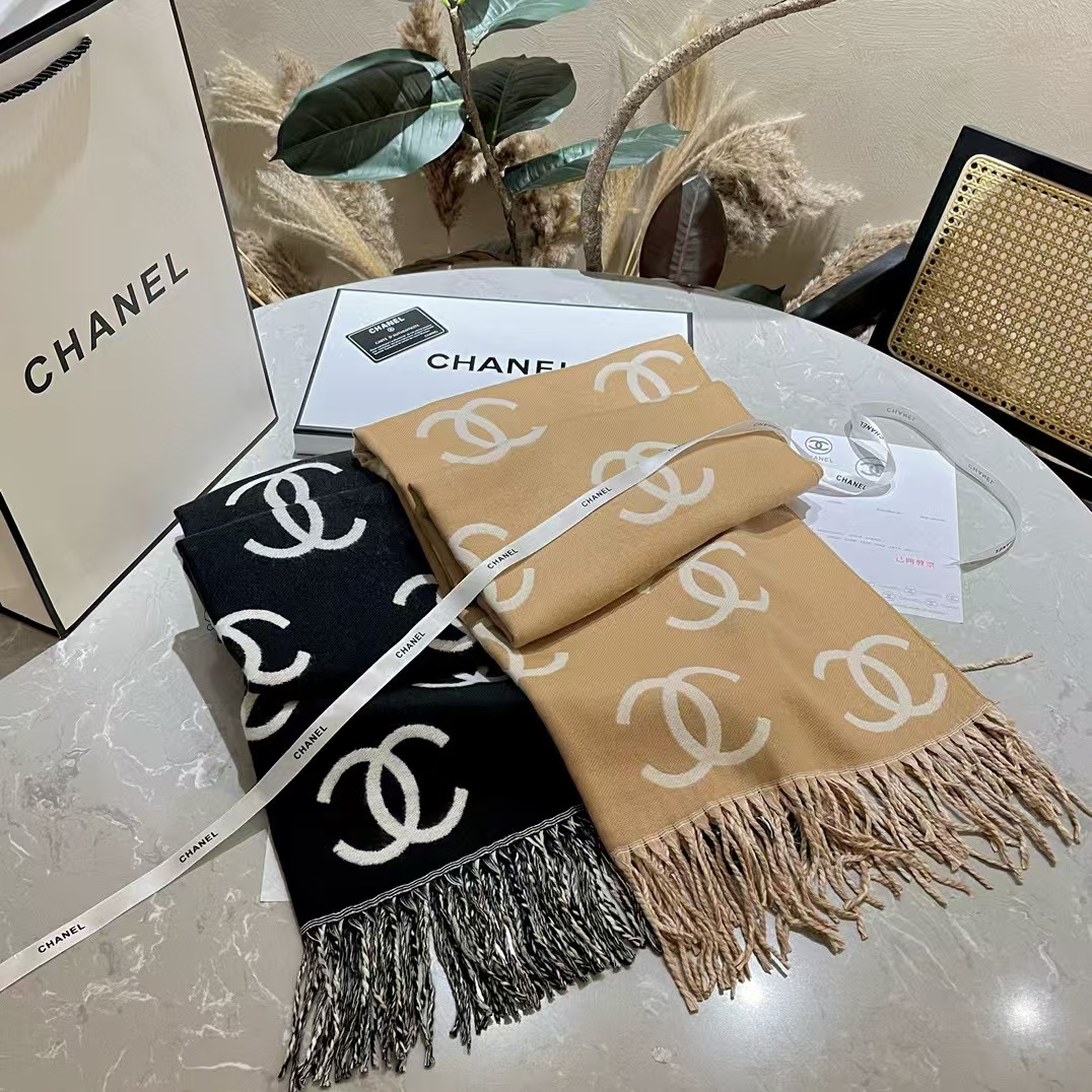 CHANE1 ダブルcLOGO タッセルカシミヤスカーフ【50％割引+送料無料】