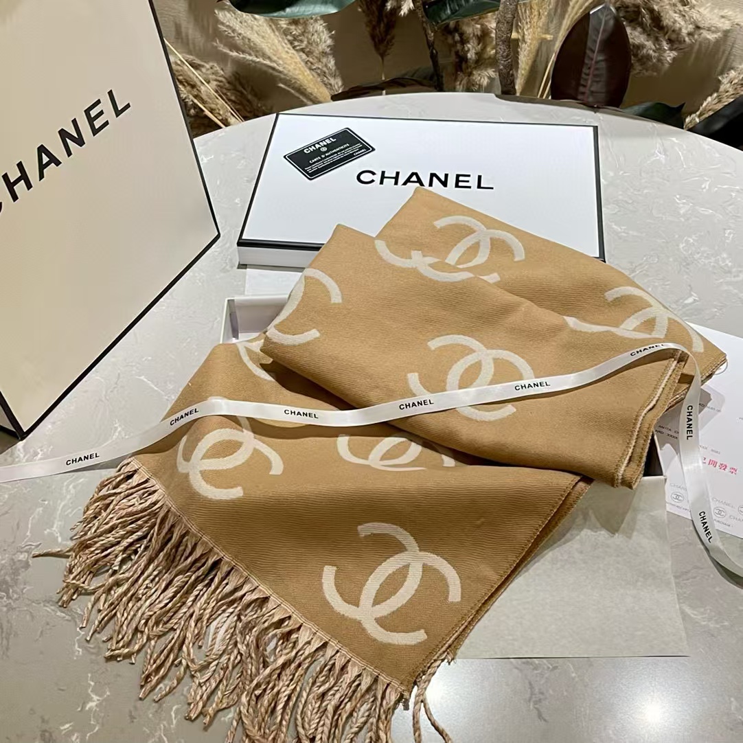 CHANE1 ダブルcLOGO タッセルカシミヤスカーフ【50％割引+送料無料】