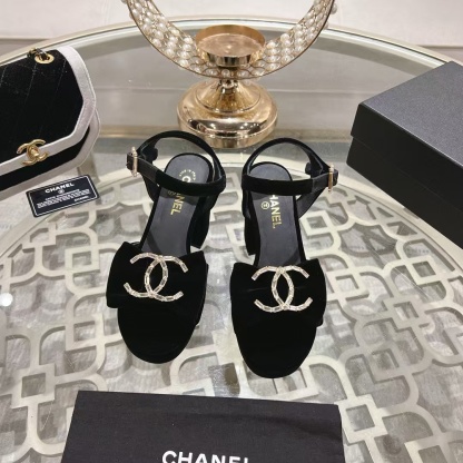 CHANE1 高品質ダブルCロゴベルベット太ヒールサンダル【50％割引+送料無料】